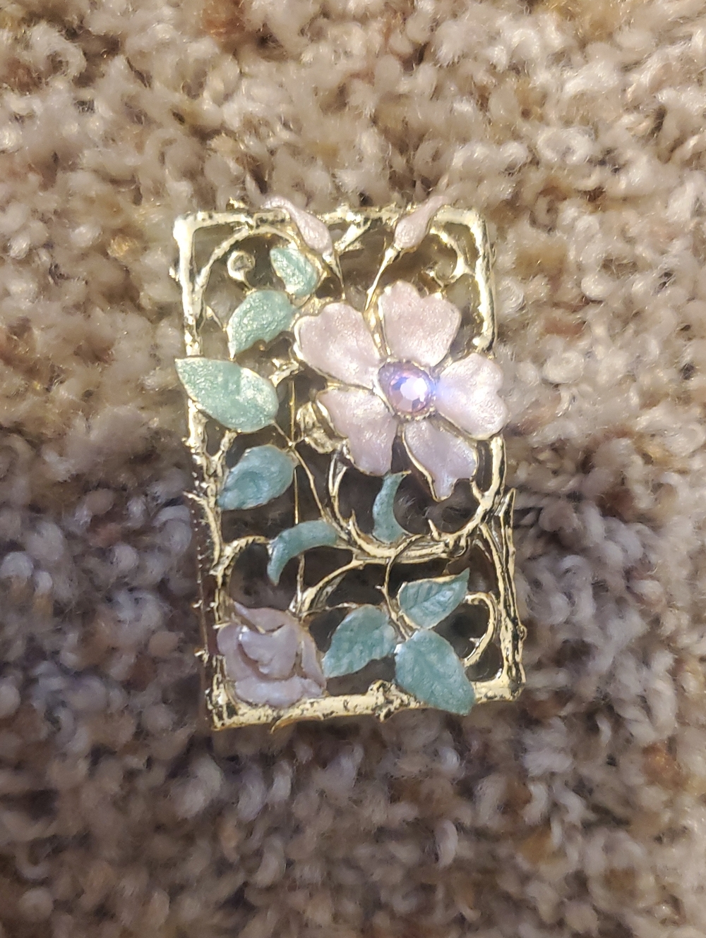 Source Unknown Gold-Tone Floral Rectangle Brooch with Pink and Green Enamel